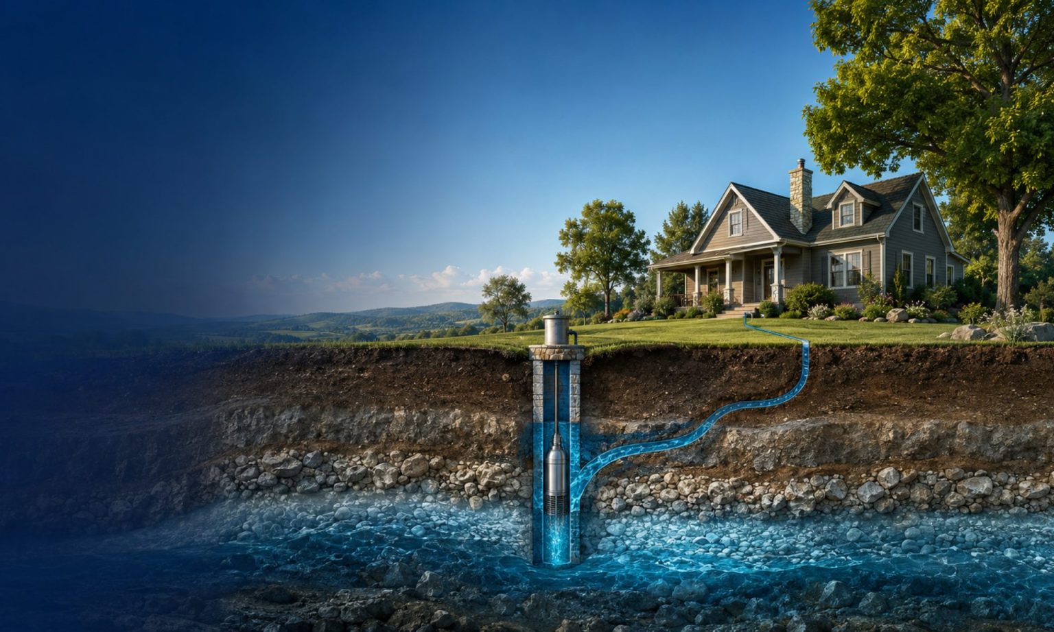 Illustration showing a private well supplying a rural home